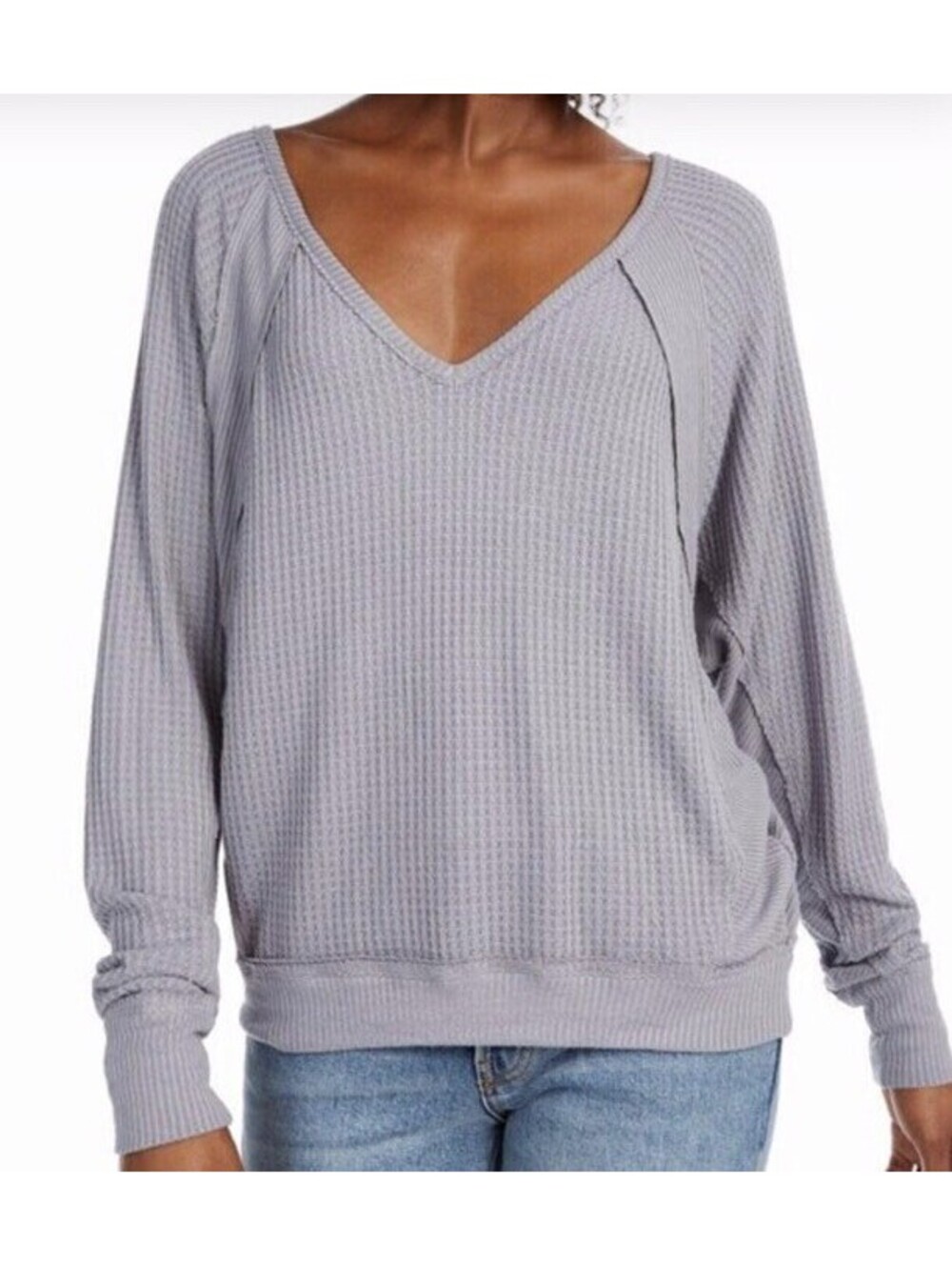 Free People Waffle Knit Sweater Sz XS Oversized Shirt Fitted Sleeves Gray